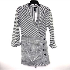 Bloomingdale’s Aqua Grey and White Striped and Plaid Dress